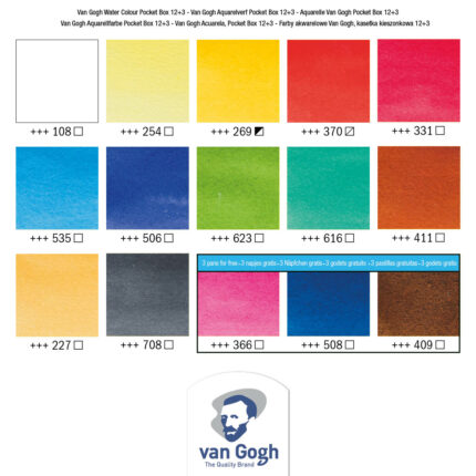 Van Gogh Water Colour Pocket Box Basic Colours with 12 Colours in Half Pans + 3 Colours for Free